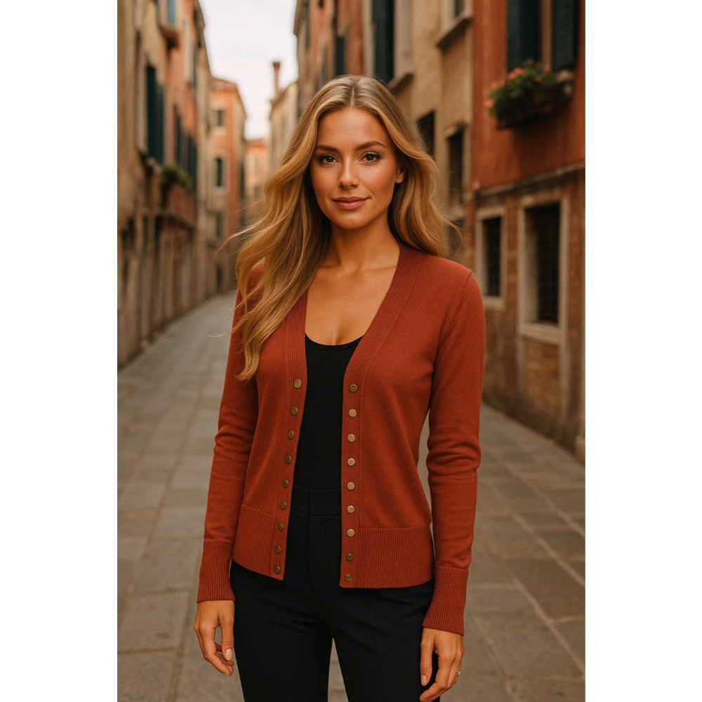 Zenana Outfitters Button Front Cardigan Rust Brown Polished Parisian Scandi XL